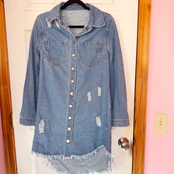 SHEIN Denim Frayed Hem Distressed Shirt Dress - Picture 9 of 10